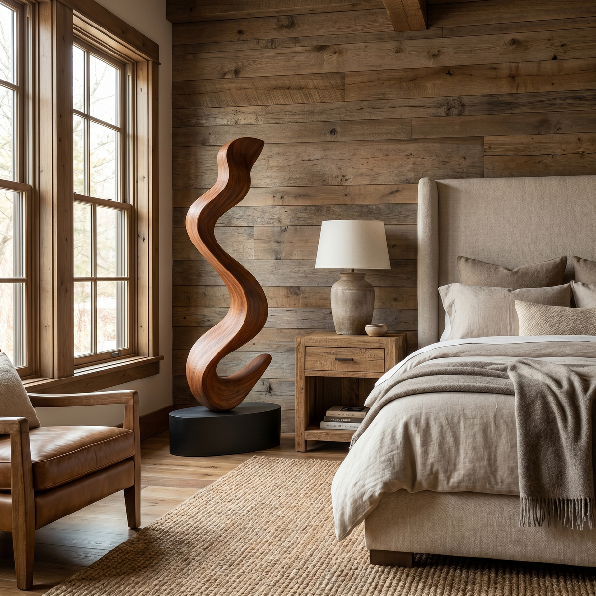 Handcrafted Solid Wood Floor Sculpture with Flowing Organic Wave Form