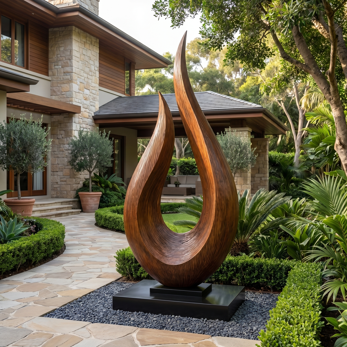 Monumental Solid Wood Garden Sculpture with Open Flame Form