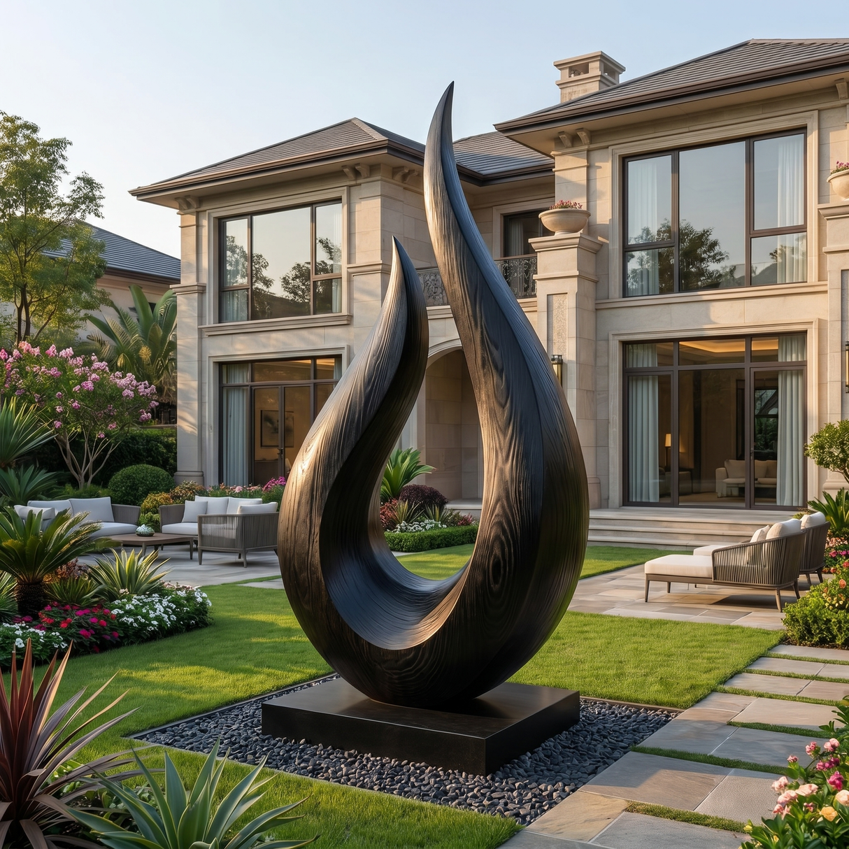 Monumental Solid Wood Garden Sculpture with Open Flame Form