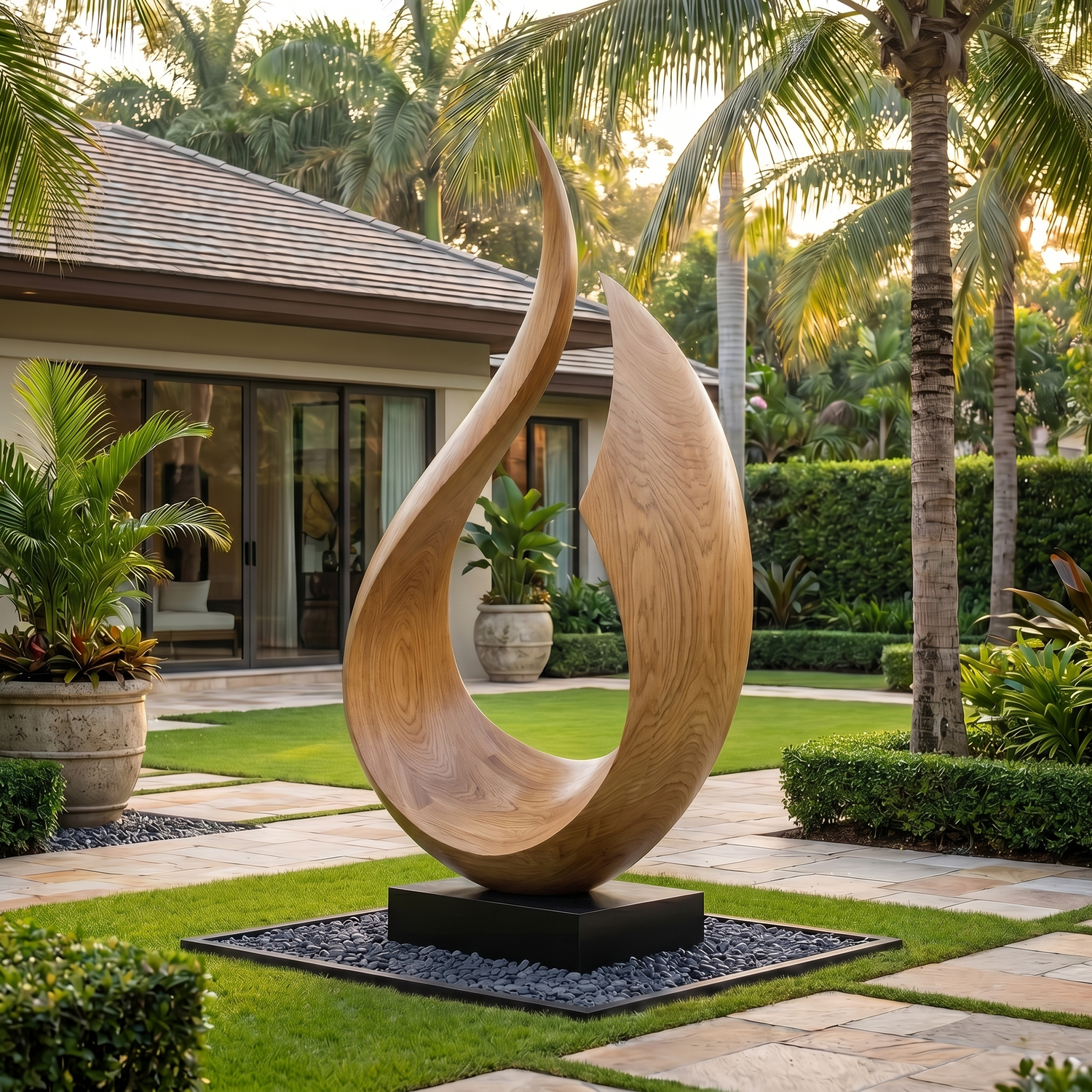 Handcrafted Solid Wood Outdoor Sculpture with Rising Open Arc Form