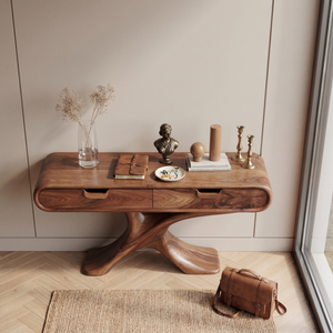 Handcrafted Live Edge Solid Wood Console Table with Sculptural Base
