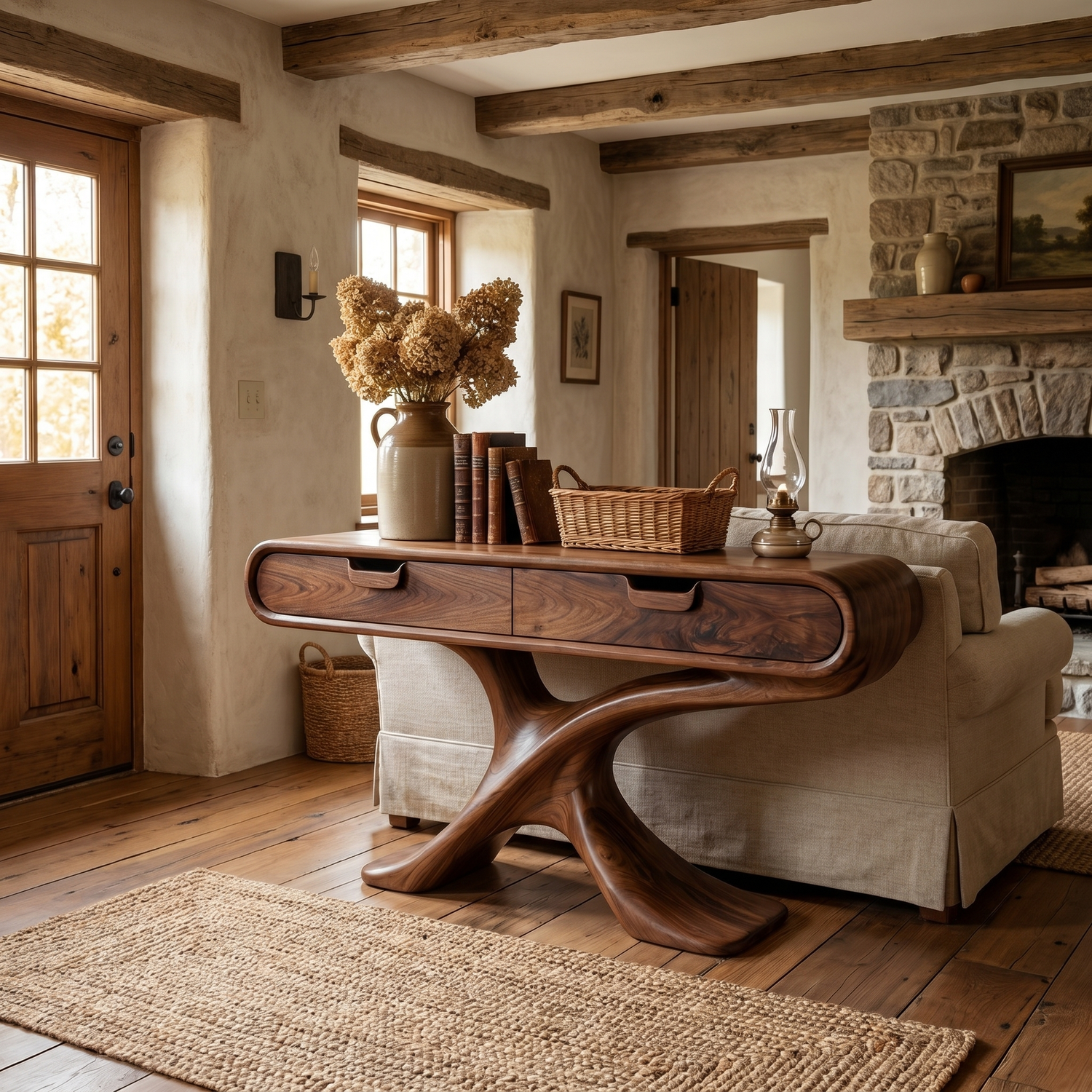 Handcrafted Live Edge Solid Wood Console Table with Sculptural Base