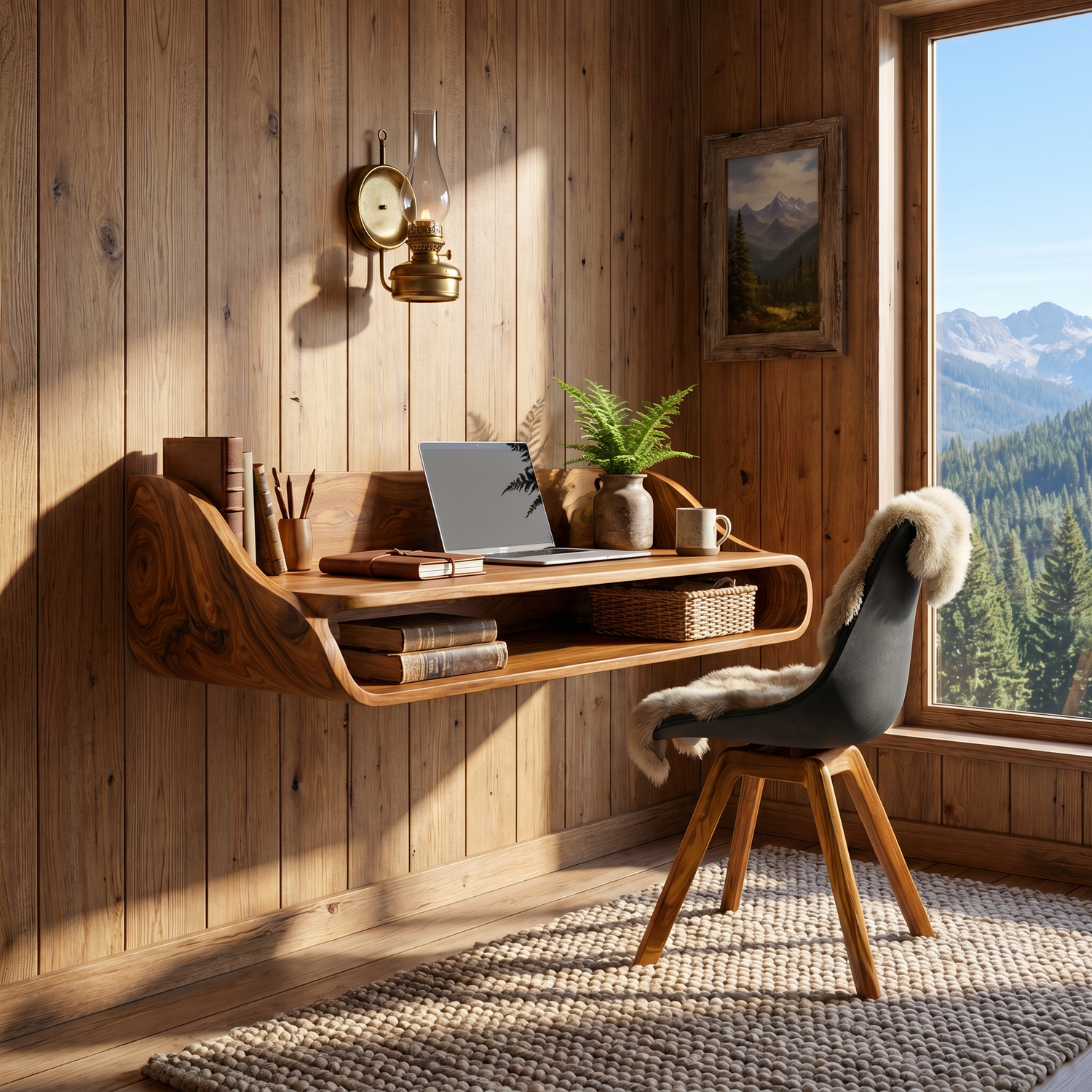 Floating Solid Wood Desk with Soft Architectural Curves
