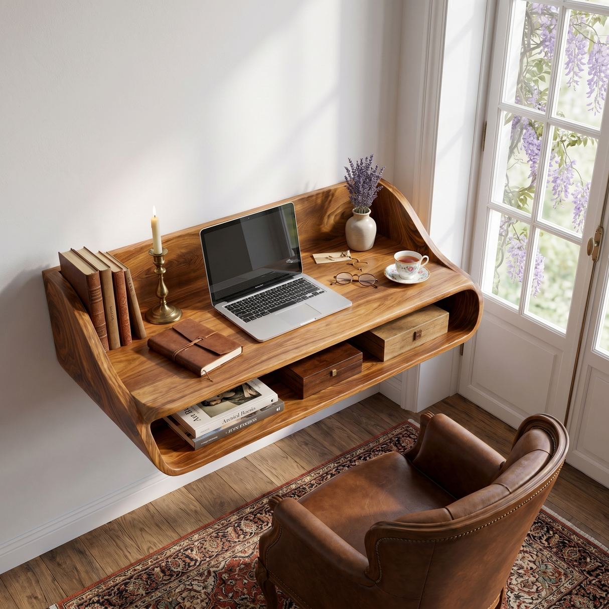 Floating Solid Wood Desk with Soft Architectural Curves