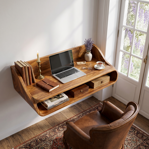 Floating Solid Wood Desk with Soft Architectural Curves