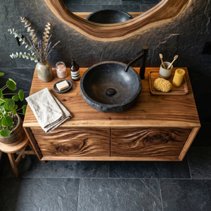 Artisan Solid Wood Bathroom Vanity with Hand Carved Wave Front
