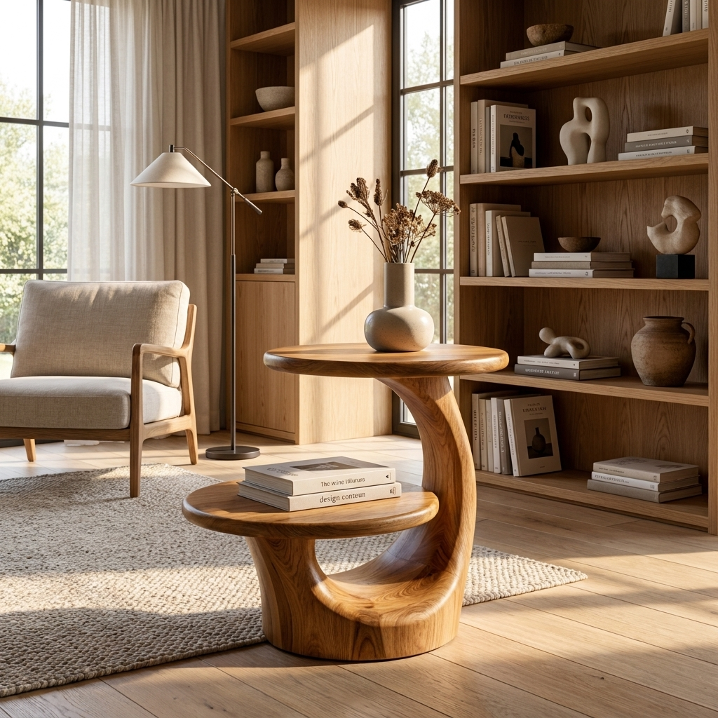 Two Tier Round Solid Wood Side Table for Living Room Decor