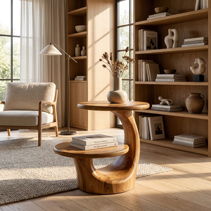 Two Tier Round Solid Wood Side Table for Living Room Decor