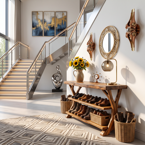 Handcrafted Solid Wood Shoe Rack Console with Open Shelves and Sculptural Branch Legs