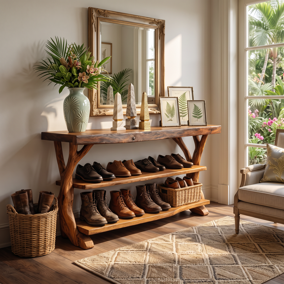 Handcrafted Solid Wood Shoe Rack Console with Open Shelves and Sculptural Branch Legs