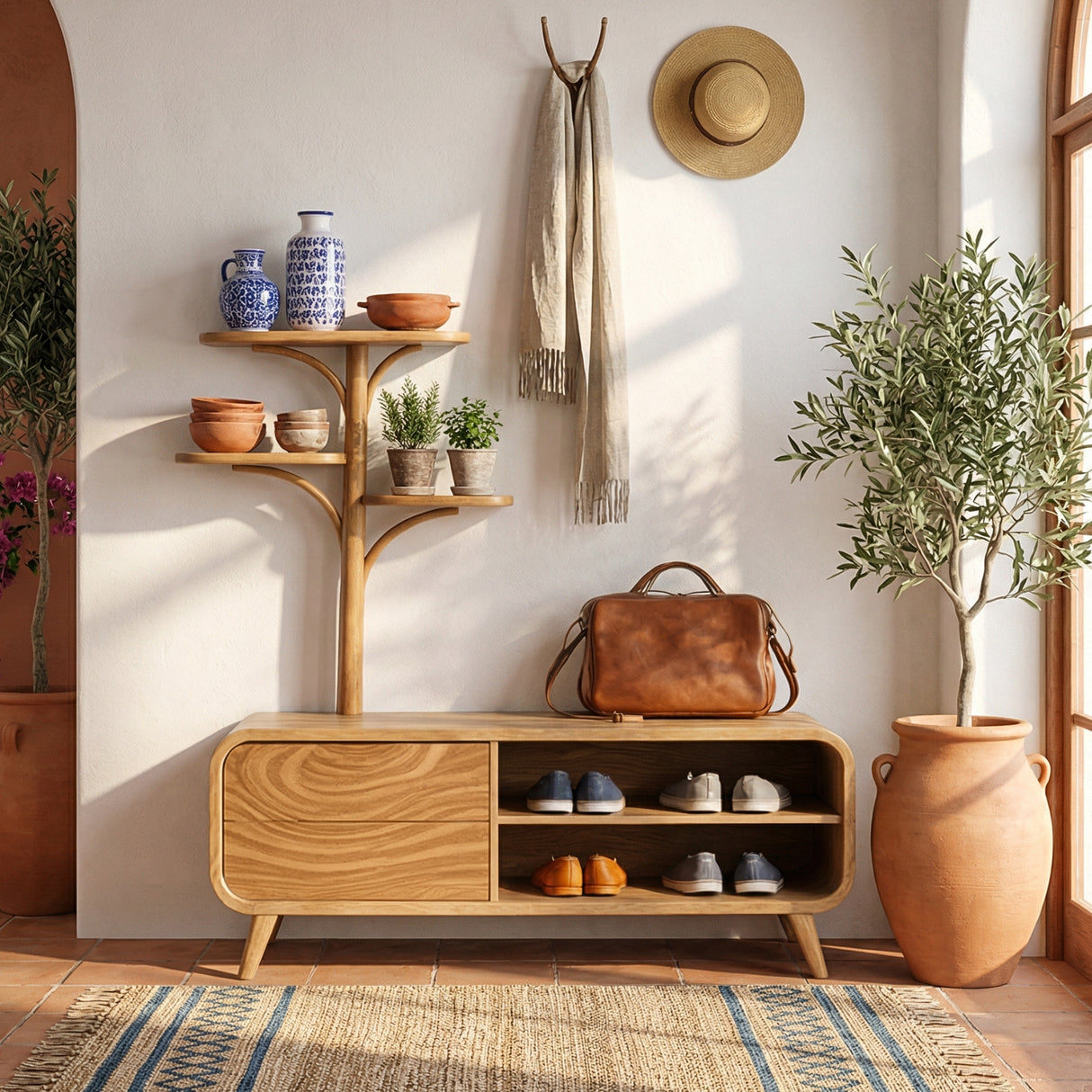 Handcrafted Solid Wood Entryway Bench with Shoe Storage and Tree Shelf Organizer