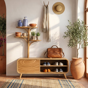 Handcrafted Solid Wood Entryway Bench with Shoe Storage and Tree Shelf Organizer