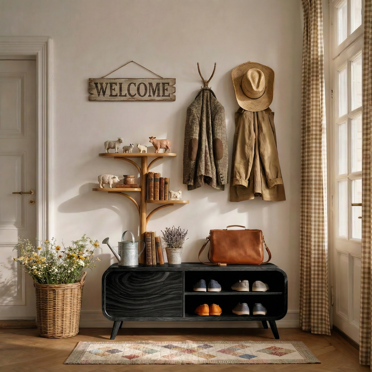 Handcrafted Solid Wood Entryway Bench with Shoe Storage and Tree Shelf Organizer