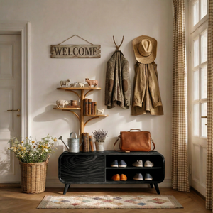 Handcrafted Solid Wood Entryway Bench with Shoe Storage and Tree Shelf Organizer