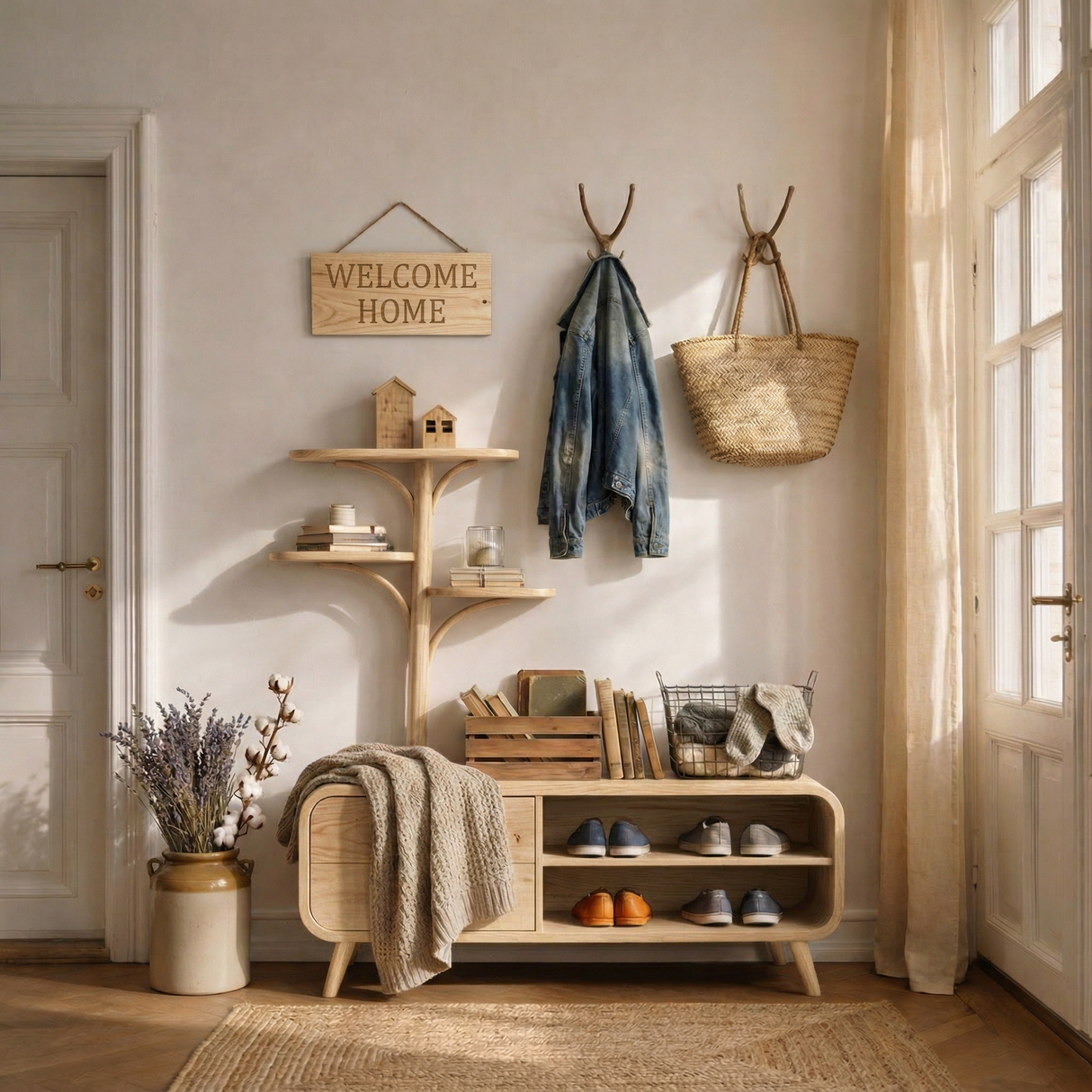 Handcrafted Solid Wood Entryway Bench with Shoe Storage and Tree Shelf Organizer
