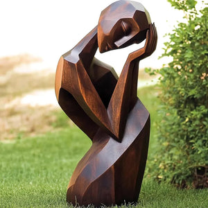 Solid Wood Abstract Resting Figure Floor Sculpture for Modern Interiors and Covered Outdoor Spaces