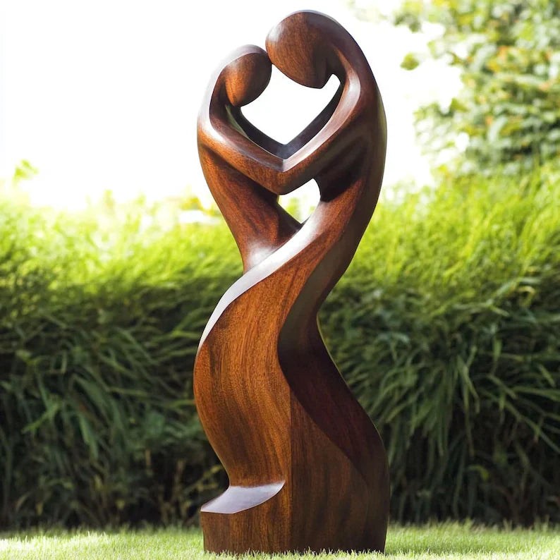 Large Solid Wood Abstract Embracing Figures Sculpture for Modern Interiors