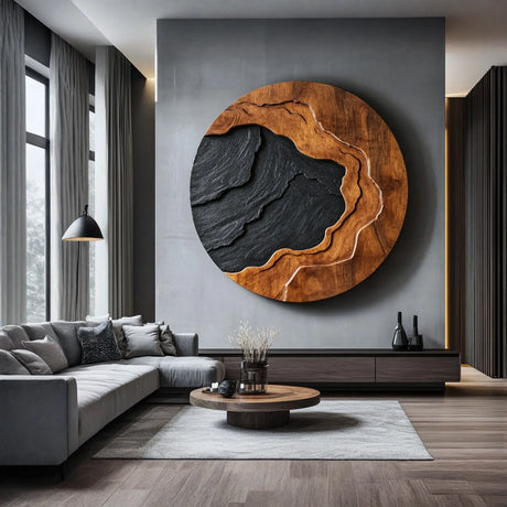 Large Abstract Solid Wood Circular Wall Art Panel for Contemporary Interiors