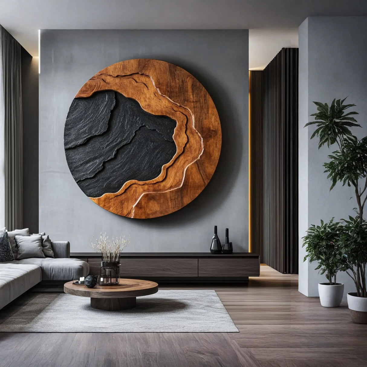 Large Abstract Solid Wood Circular Wall Art Panel for Contemporary Interiors