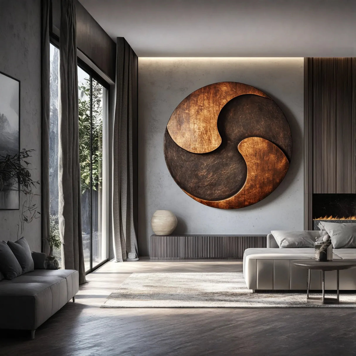 Round Solid Wood Wall Sculpture with Triskelion-Inspired Abstract Form