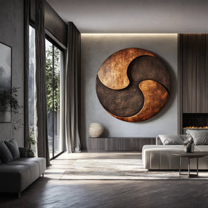 Round Solid Wood Wall Sculpture with Triskelion-Inspired Abstract Form
