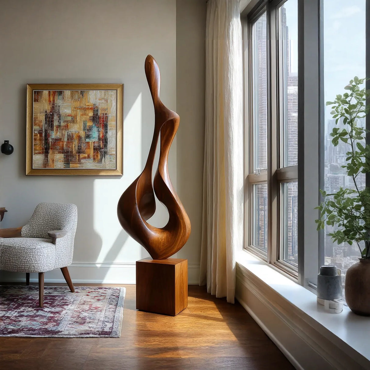 Tall Hand-Carved Organic Solid Wood Sculpture for Modern Interior Spaces