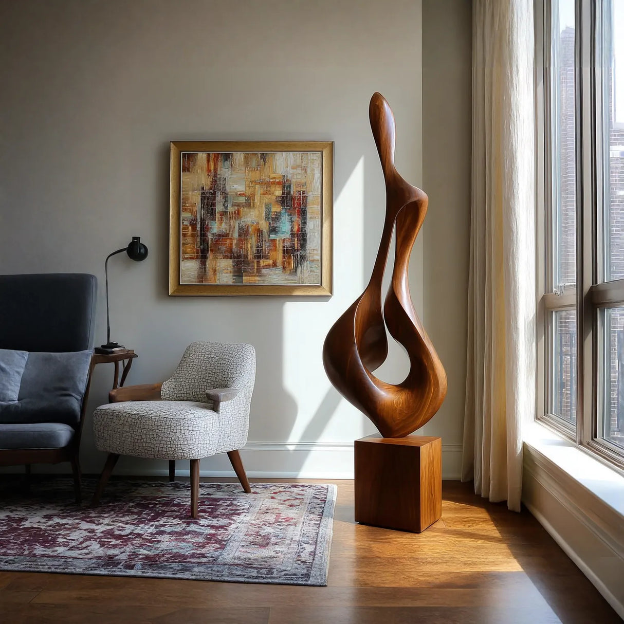 Tall Hand-Carved Organic Solid Wood Sculpture for Modern Interior Spaces