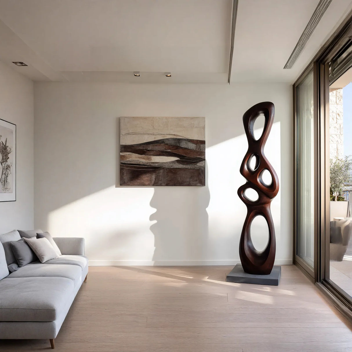 Tall Abstract Solid Wood Sculpture for Modern Living Room Interiors