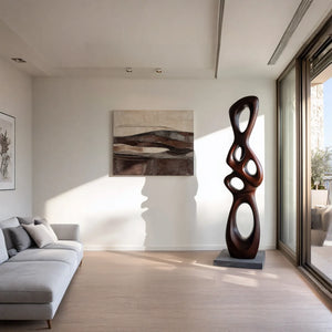 Tall Abstract Solid Wood Sculpture for Modern Living Room Interiors