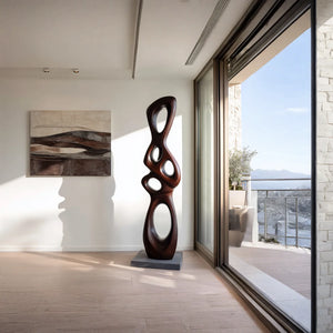 Tall Abstract Solid Wood Sculpture for Modern Living Room Interiors