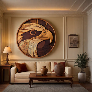 Contemporary Round Solid Wood Eagle Wall Sculpture for Living Room Interiors