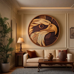 Contemporary Round Solid Wood Eagle Wall Sculpture for Living Room Interiors