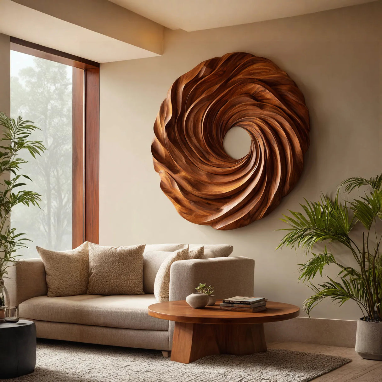 Modern Spiral Solid Wood Wall Sculpture for Living Room Interiors