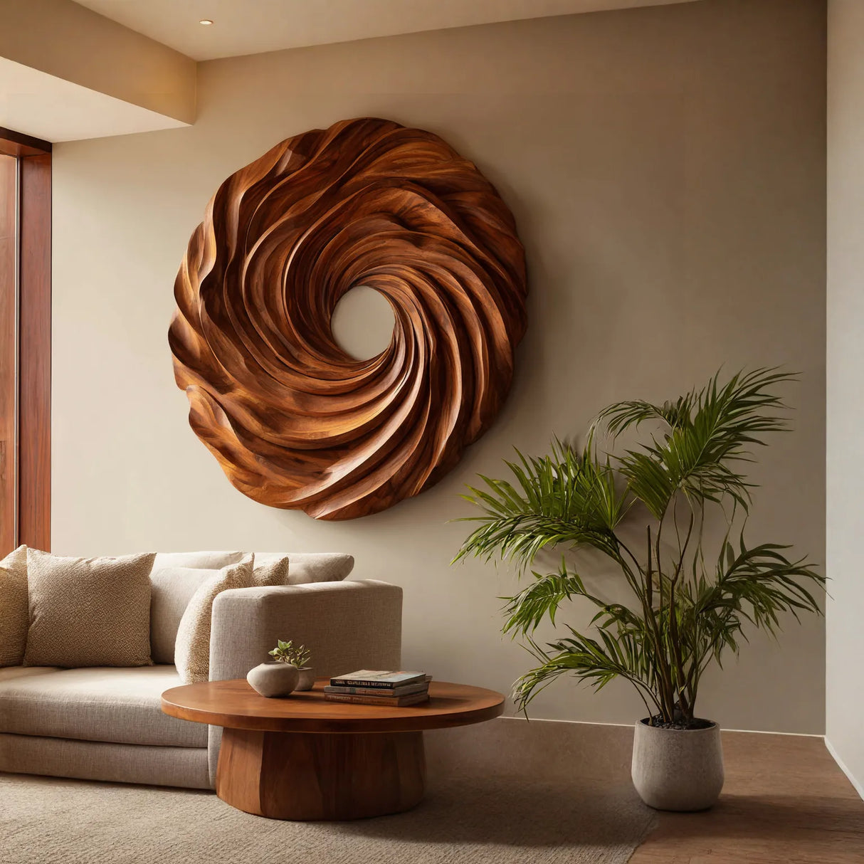 Modern Spiral Solid Wood Wall Sculpture for Living Room Interiors