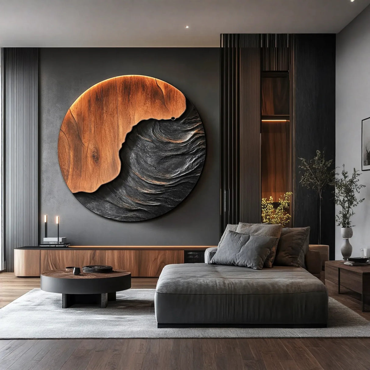 Modern Organic Solid Wood Wall Sculpture with Wave Carving for Luxury Interiors