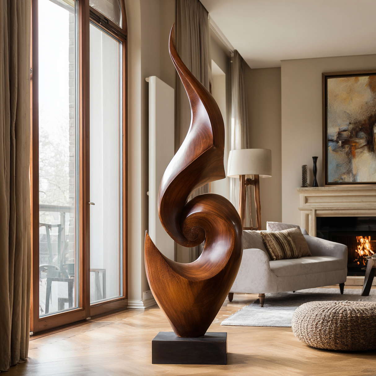 Tall Abstract Solid Wood Floor Sculpture for Luxury Living Room Interiors