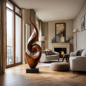Tall Abstract Solid Wood Floor Sculpture for Luxury Living Room Interiors