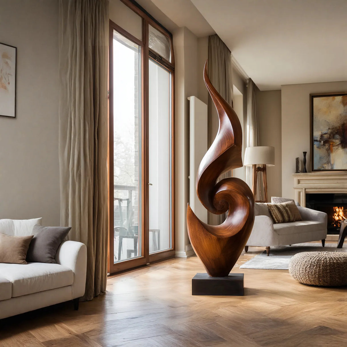 Tall Abstract Solid Wood Floor Sculpture for Luxury Living Room Interiors