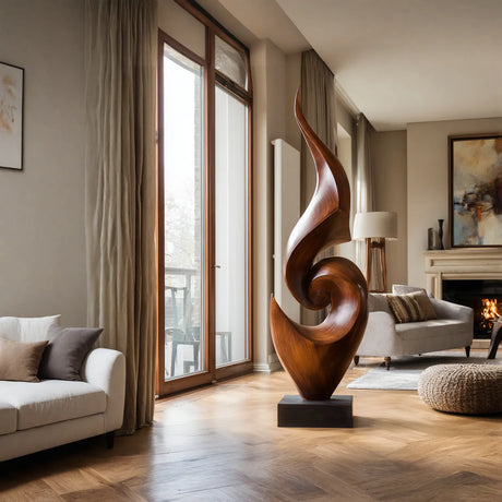 Tall Abstract Solid Wood Floor Sculpture for Luxury Living Room Interiors