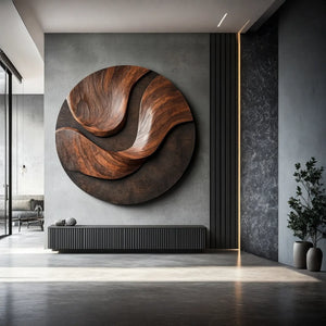 Dual Flow Round Solid Wood Wall Sculpture for Modern Interiors