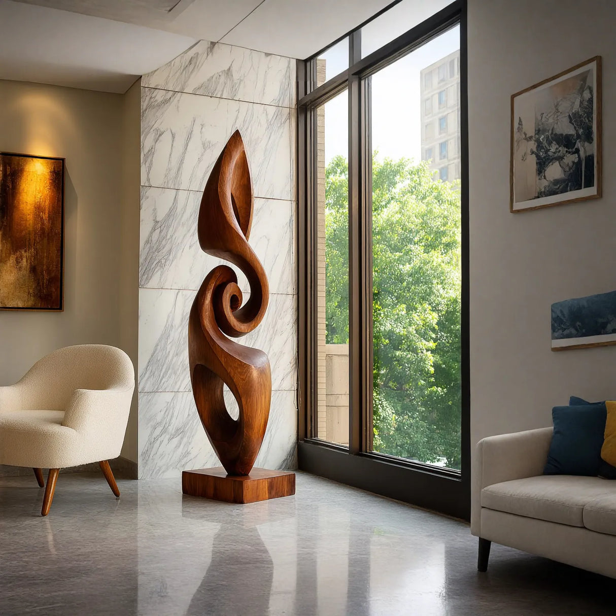 Modern Solid Wood Abstract Flow Sculpture for Living Room Art Display