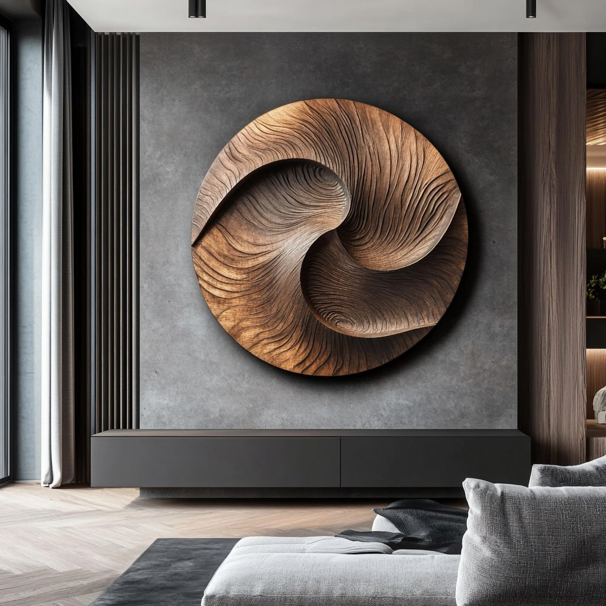 Modern Solid Wood Circular Wall Sculpture for Living Room Interior Accent