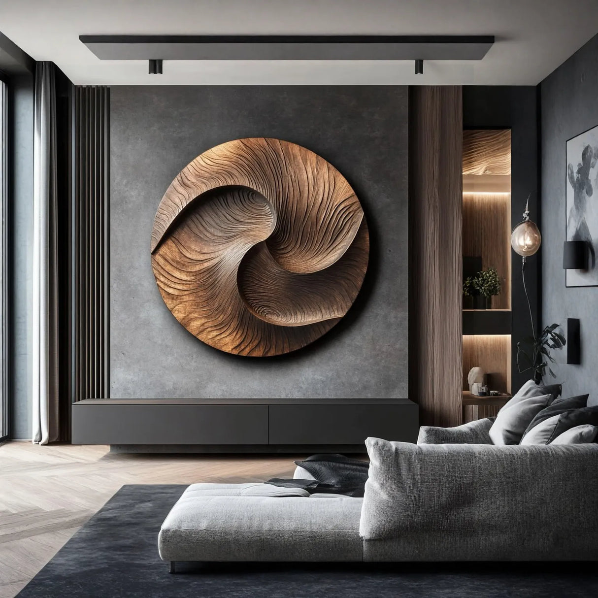 Modern Solid Wood Circular Wall Sculpture for Living Room Interior Accent