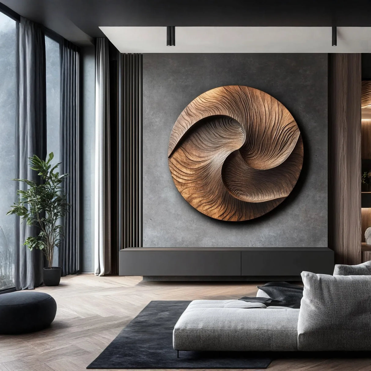 Modern Solid Wood Circular Wall Sculpture for Living Room Interior Accent