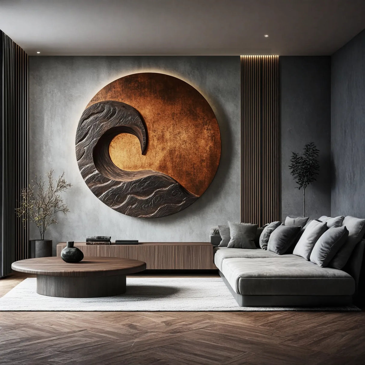 Modern Solid Wood Waveform Circular Wall Sculpture for Living Room