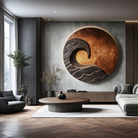 Modern Solid Wood Waveform Circular Wall Sculpture for Living Room