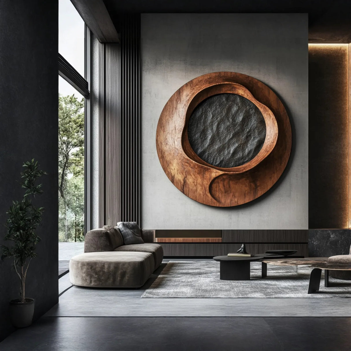 Contemporary Solid Wood Round Wall Sculpture for Interior Decor