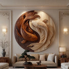 Contemporary Round Solid Wood Koi Wall Sculpture for Living Room Interiors