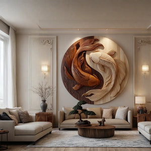 Contemporary Round Solid Wood Koi Wall Sculpture for Living Room Interiors