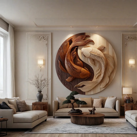 Contemporary Round Solid Wood Koi Wall Sculpture for Living Room Interiors
